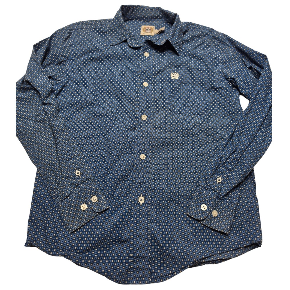 Cinch Boys Size M 10 Button Down Western Shirt Blue Geometric Long Sleeve Cotton